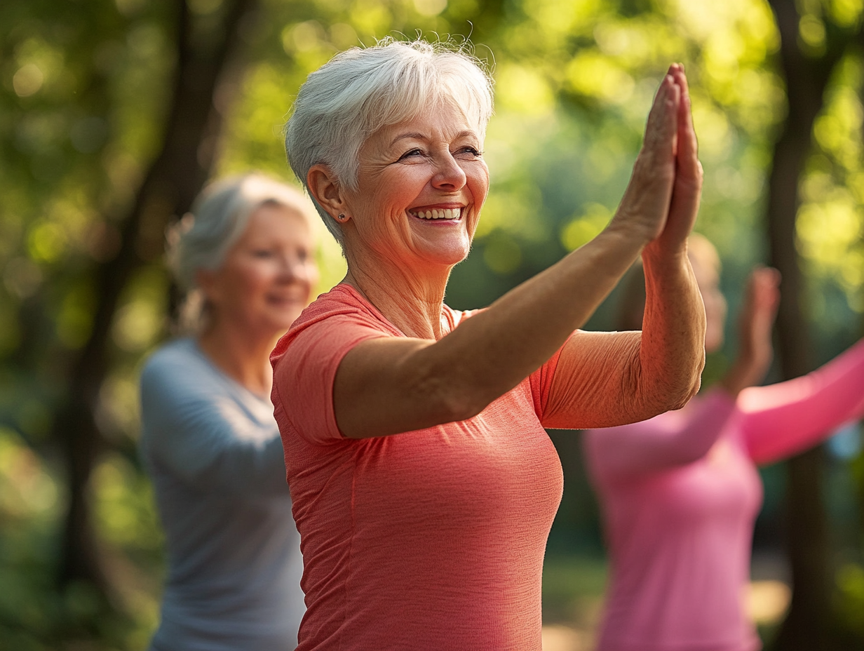 Група старших людей займається фітнесом на свіжому повітрі