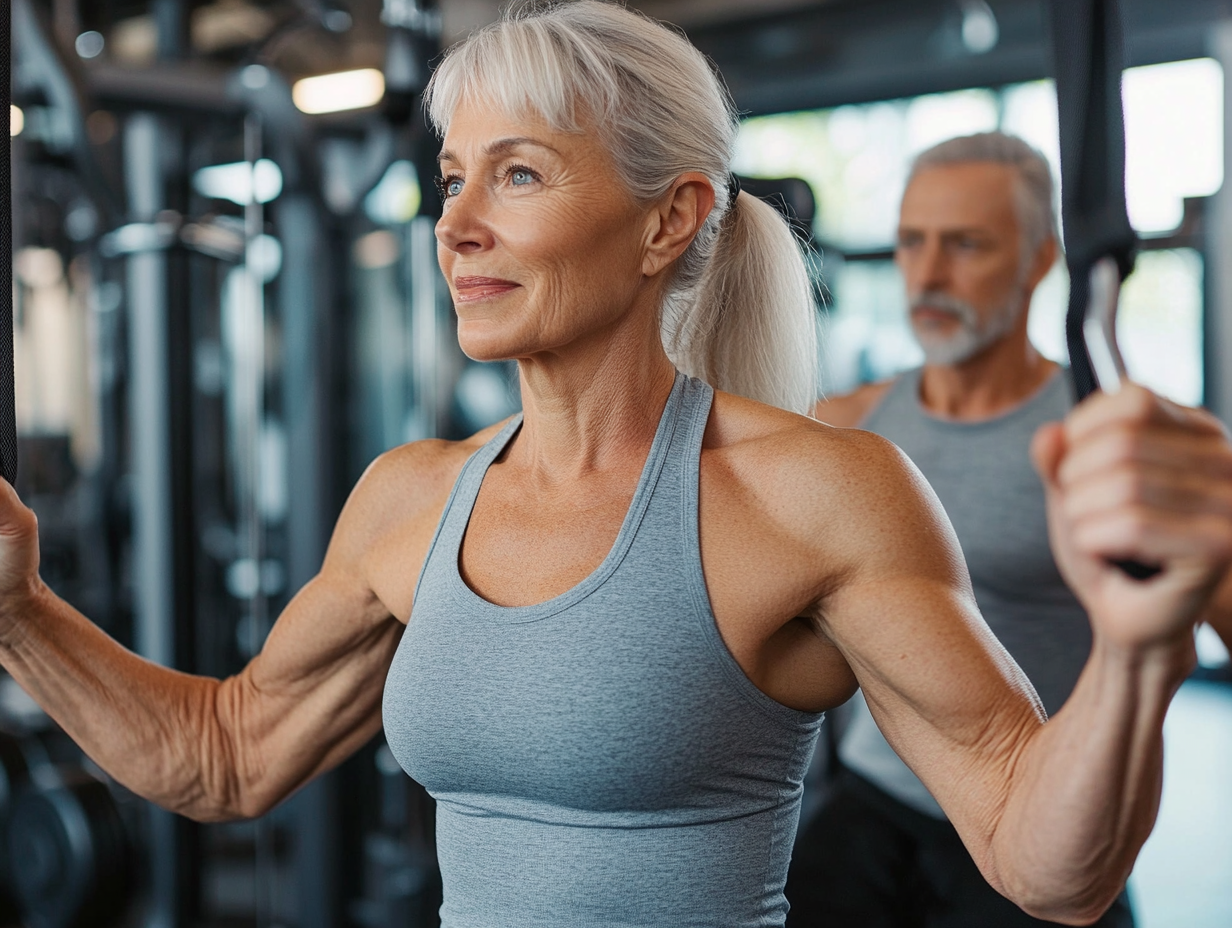 Тренер допомагає літній жінці виконувати вправи з розтяжки